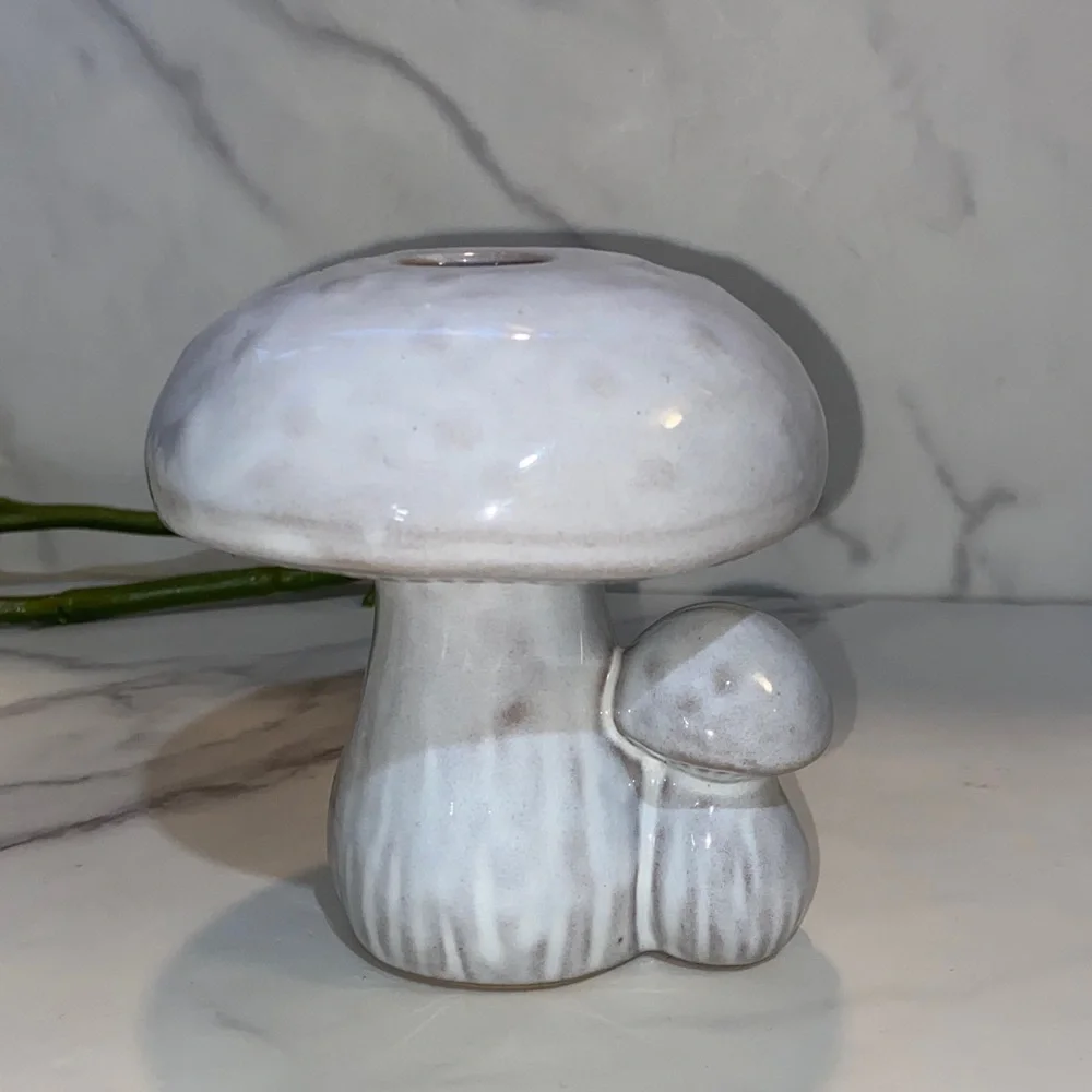 Ceramic Mushroom Sculpture Candle Holder- White and Gray